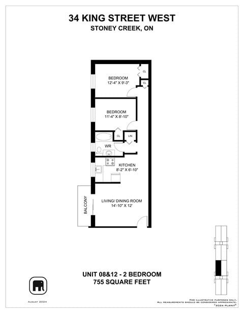 Floor plan for 2 beds, 1 bath